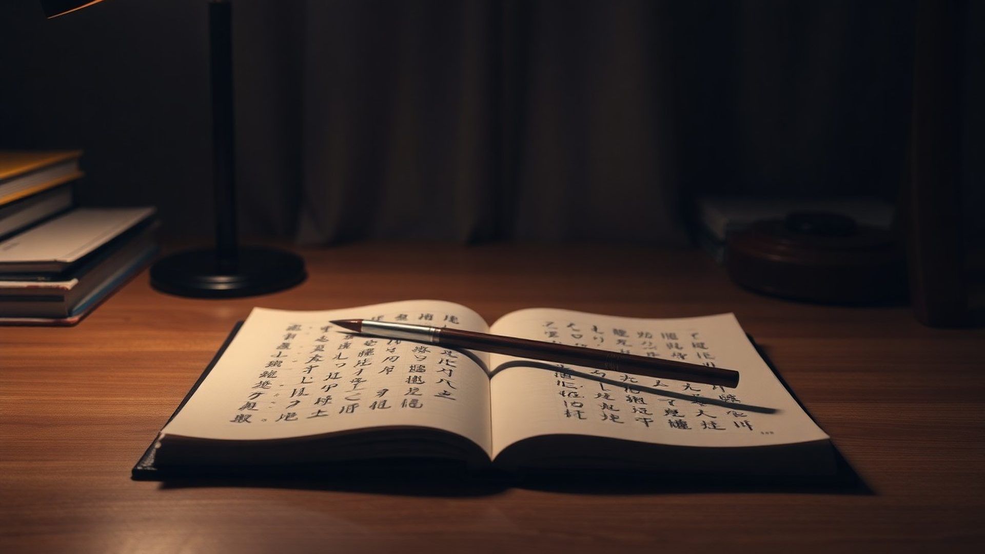 어두운 조명 아래 놓인 노트와 붓, 부산 편집팀의 작업 공간