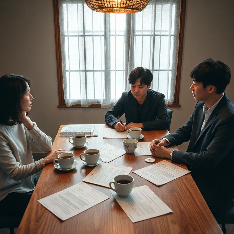 원고와 커피잔이 놓인 나무 테이블 주위에 앉은 3인 편집팀