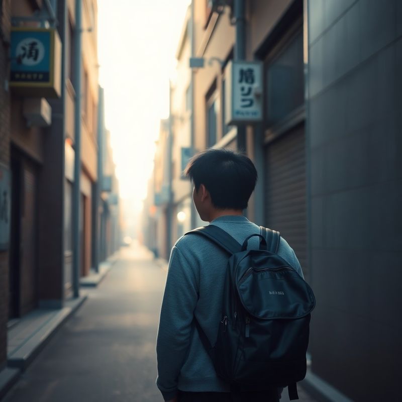새벽의 부산 골목에 작은 배낭을 메고 서 있는 여행자
